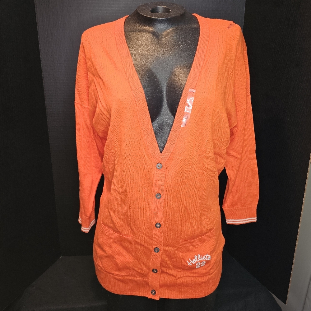 NWT Orange Hollister Long Cardigan White Accents 3/4 Sleeve Length